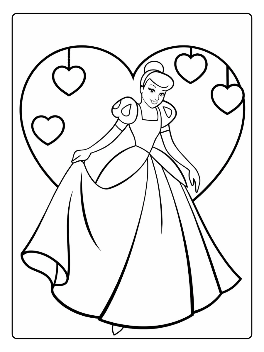 Prinzessinnen Valentinstag Ausmalbilder Cinderella im Herz-Design.