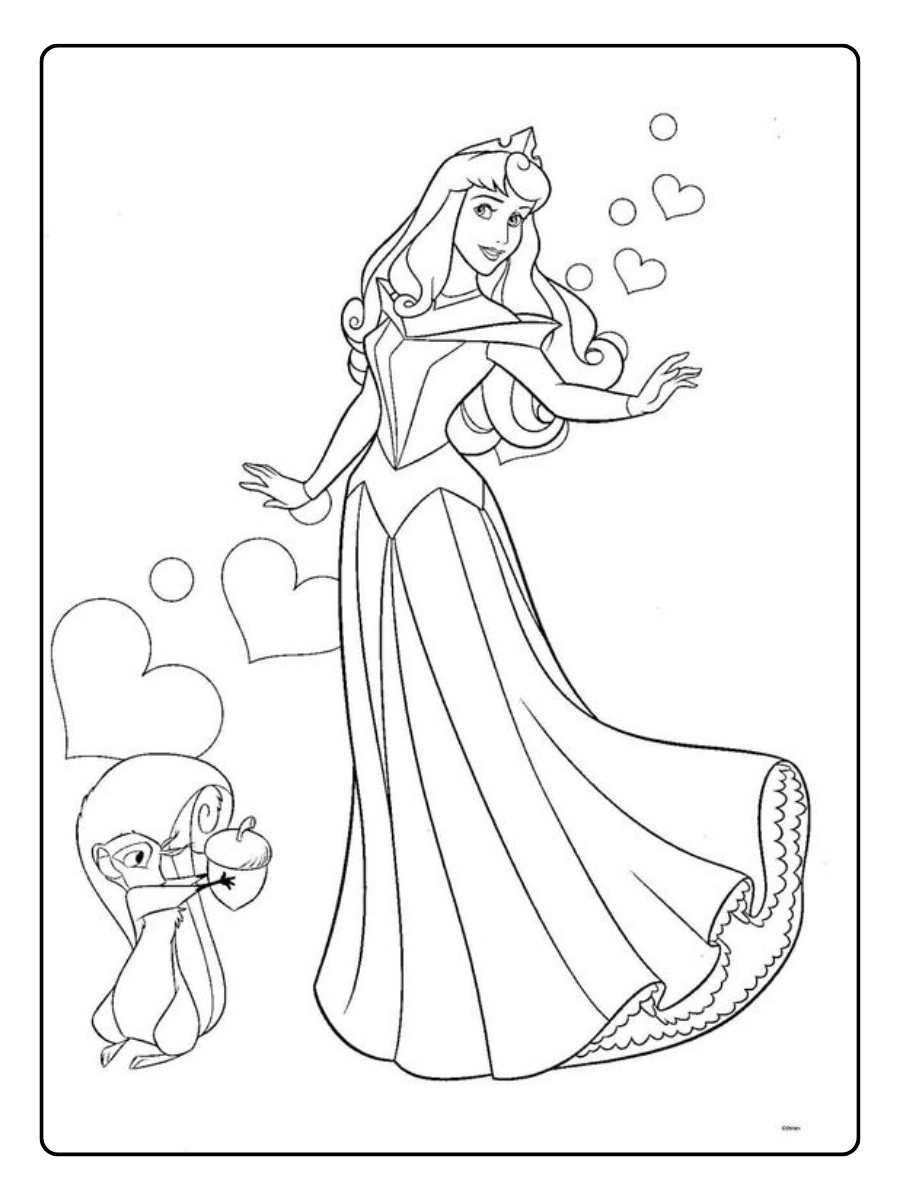 Prinzessinnen Valentinstag Ausmalbilder von Dornröschen im Kreise von Herzen.