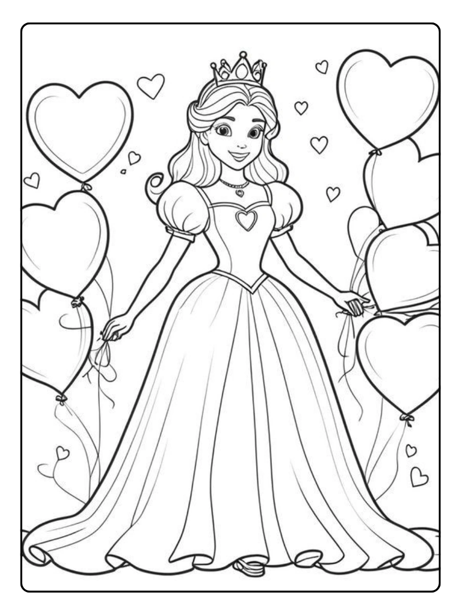 Prinzessinnen Valentinstag Ausmalbilder Belle mit Herzballons.
