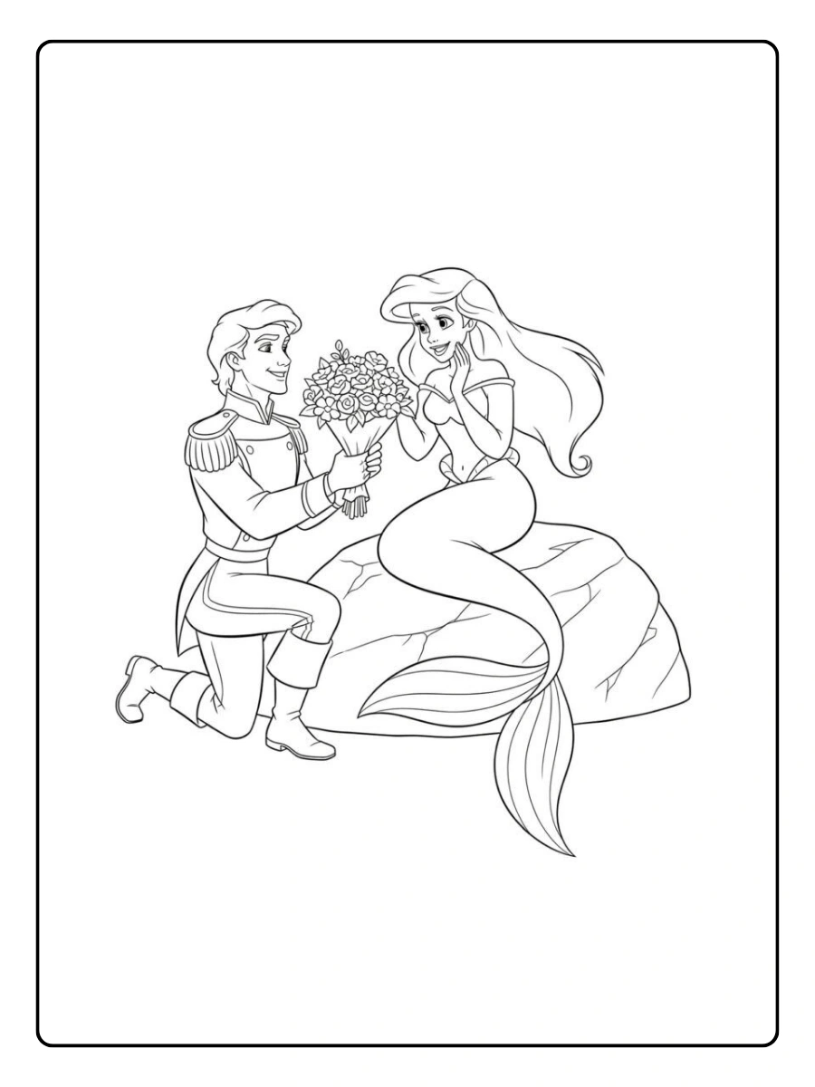 Prinzessinnen Valentinstag Ausmalbilder Arielle und Prinz Erik am Strand.