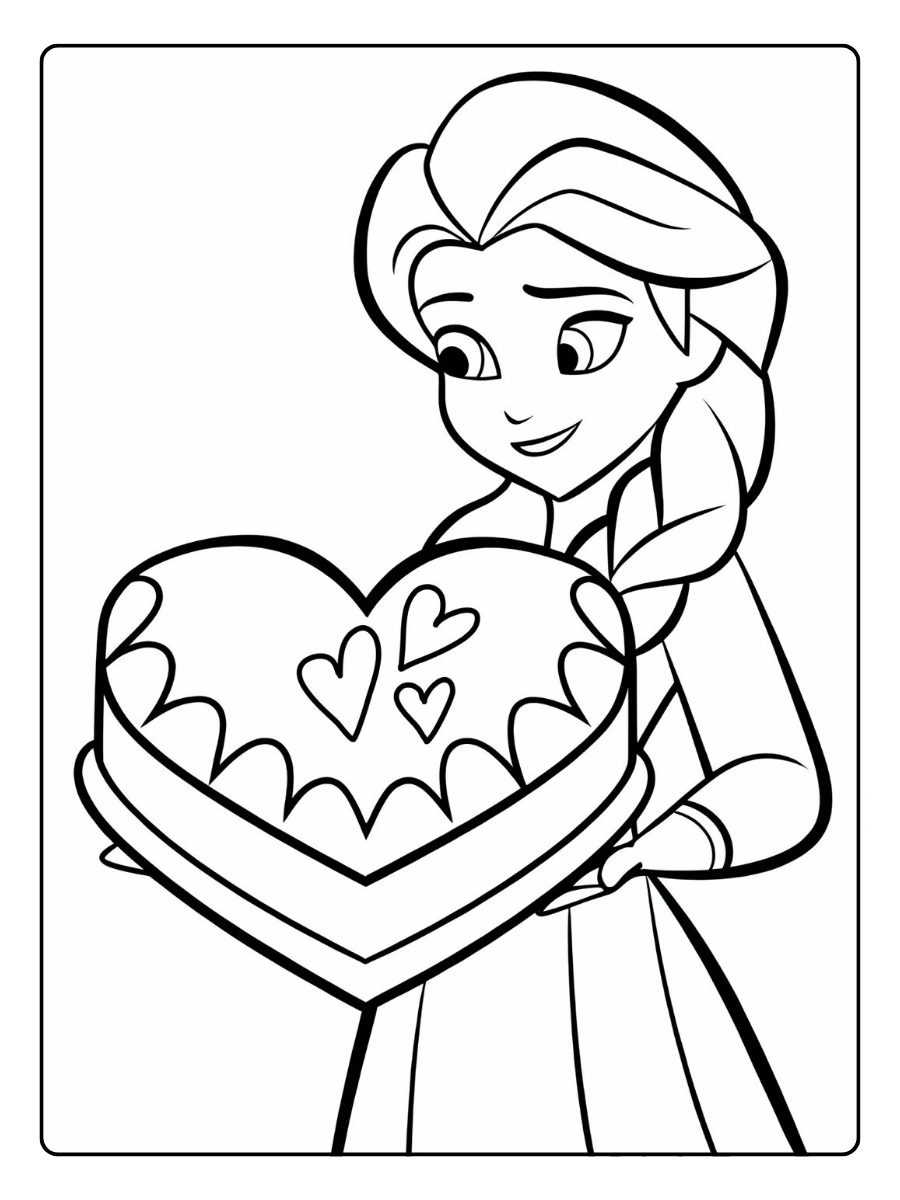 Prinzessinnen Valentinstag Ausmalbilder Elsa hält eine herzförmige Torte.