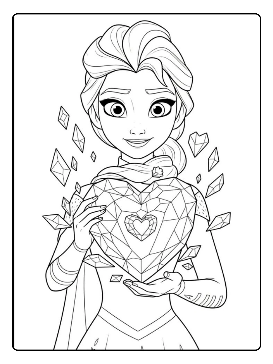 Alt-Text: Prinzessinnen Valentinstag Ausmalbilder Elsa mit einem großen Herz aus Eis.