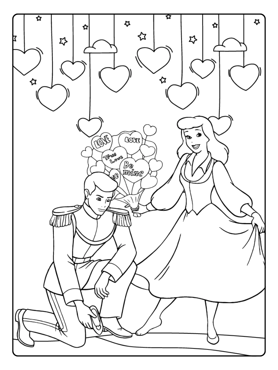 Prinzessinnen Valentinstag Ausmalbilder Heiratsantrag von Prinz Charming.