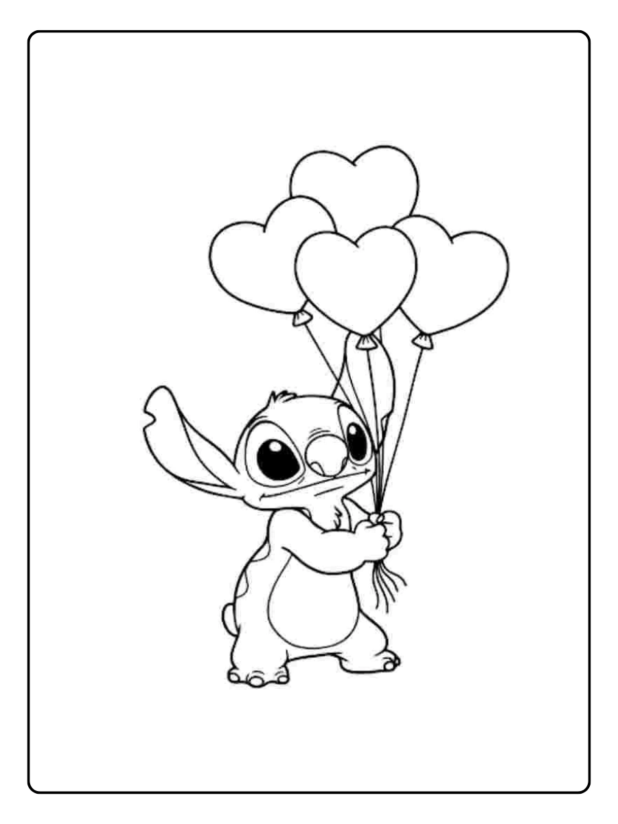 Stitch Valentinstag Ausmalbilder Stitch hält Herzballons.
