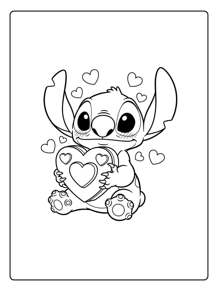 Stitch Valentinstag Ausmalbilder Stitch mit einem großen Herz.