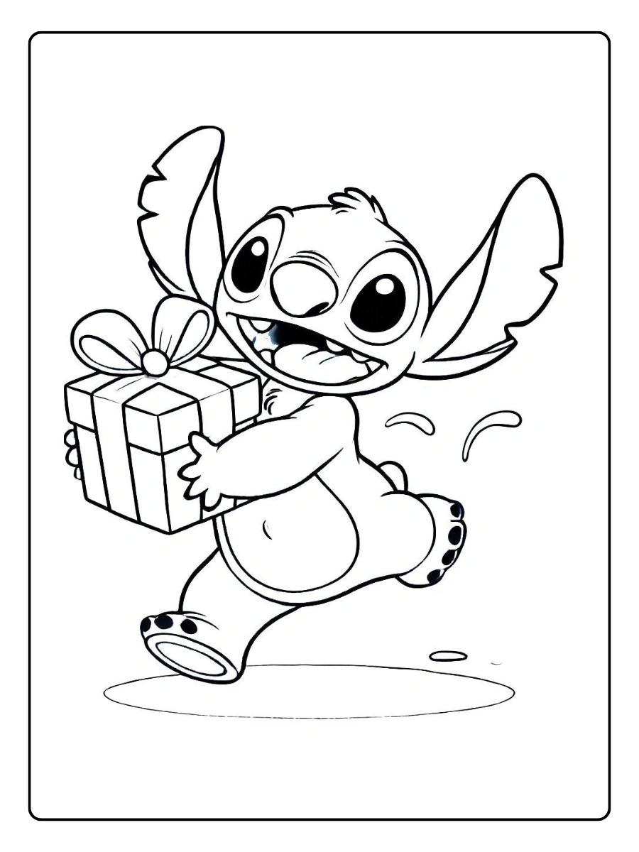 Stitch Valentinstag Ausmalbilder Stitch rennt mit einem Geschenk.