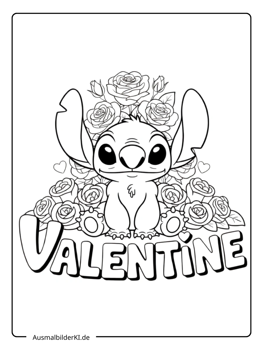 Stitch Valentinstag Ausmalbilder Stitch im Blumenmeer.