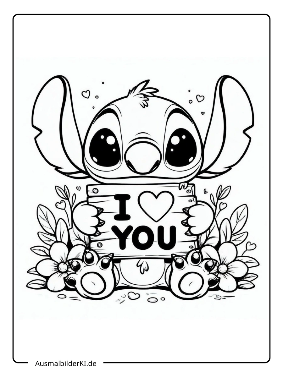 Stitch Valentinstag Ausmalbilder Stitch mit „I LOVE YOU“ Schild.