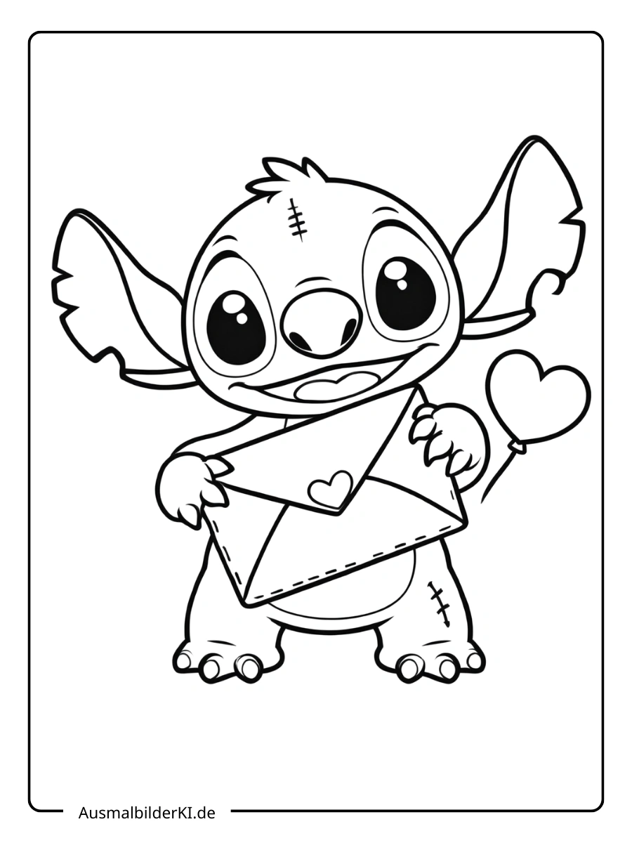 Stitch Valentinstag Ausmalbilder von Stitch mit einem Liebesbrief.