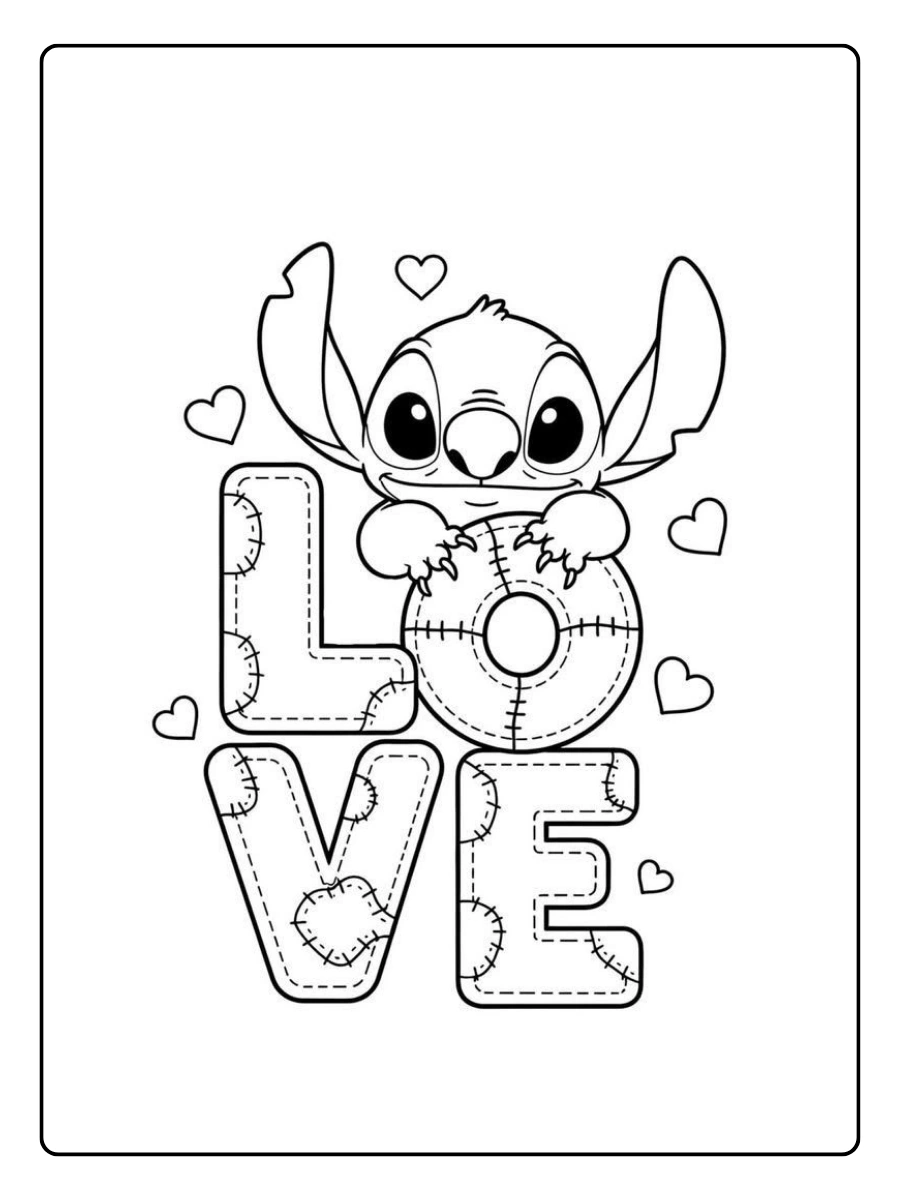 Stitch Valentinstag Ausmalbilder mit dem Schriftzug „LOVE“.