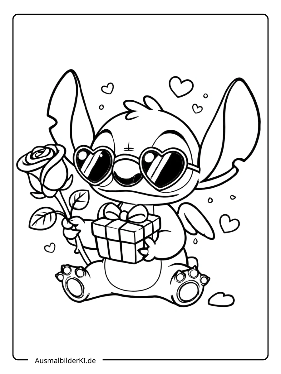 Stitch Valentinstag Ausmalbilder Stitch mit Sonnenbrille und Rose.
