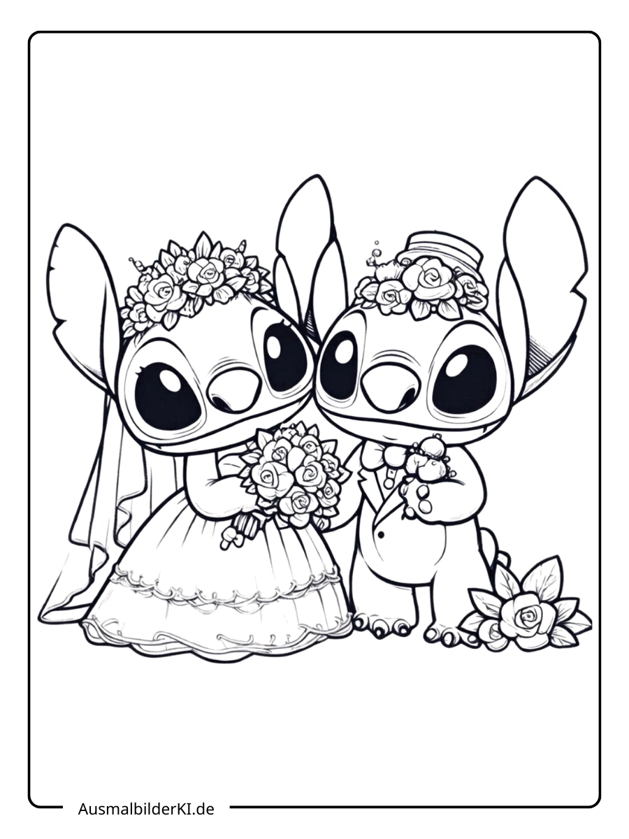 Stitch Valentinstag Ausmalbilder Stitch und Angel als Brautpaar.