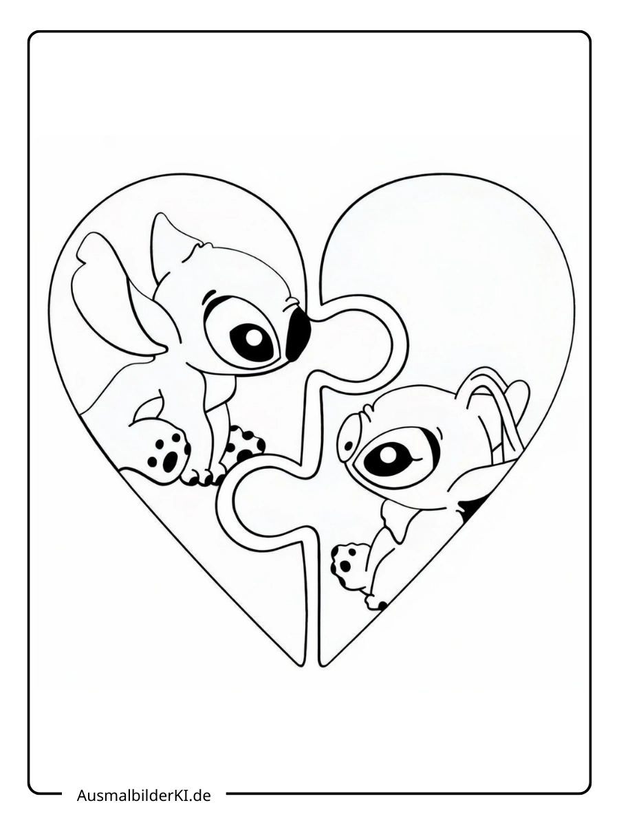 Stitch Valentinstag Ausmalbilder Stitch und Angel als Puzzleteile.