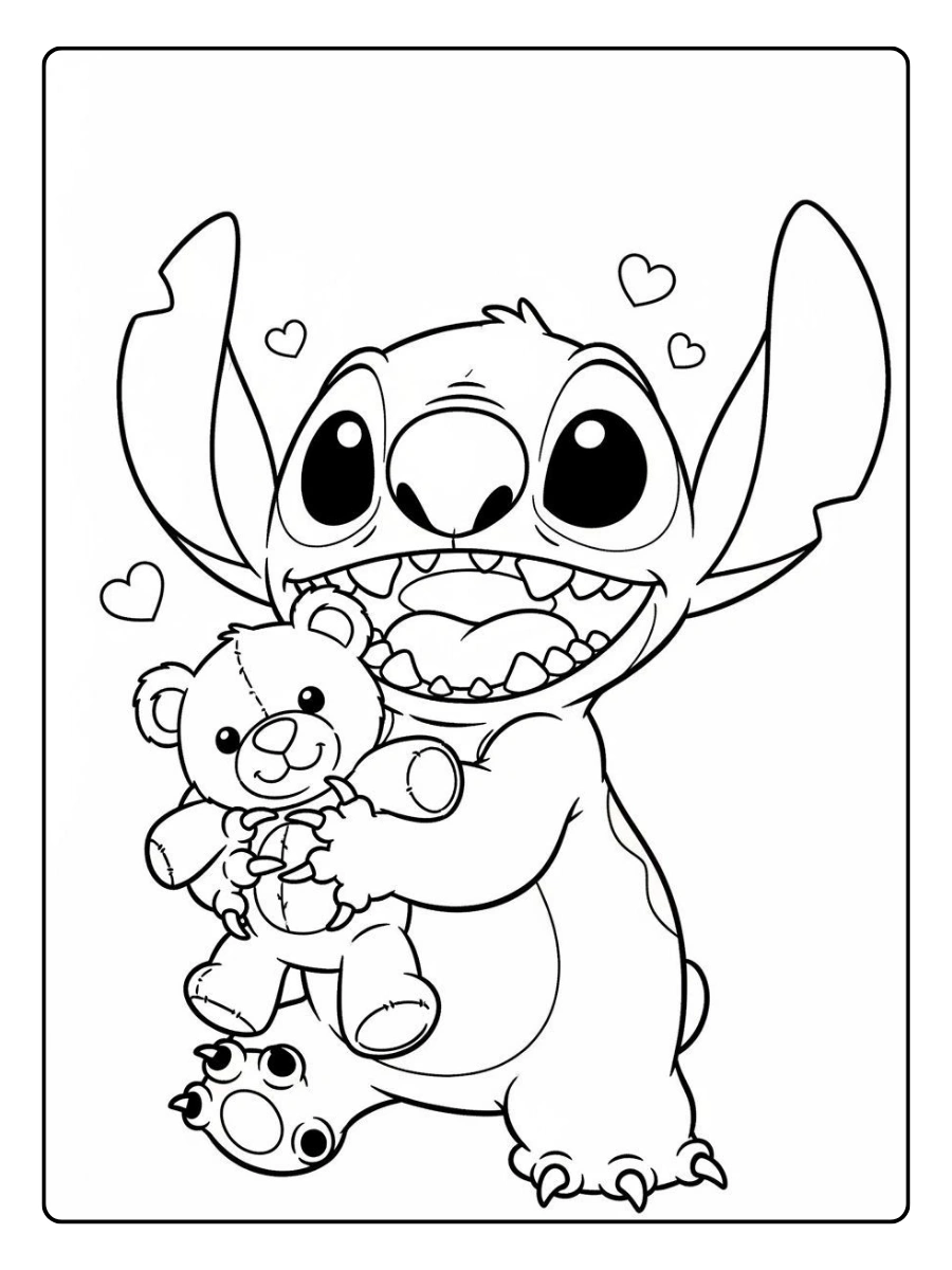 Stitch Valentinstag Ausmalbilder Stitch kuschelt mit einem Teddybären.