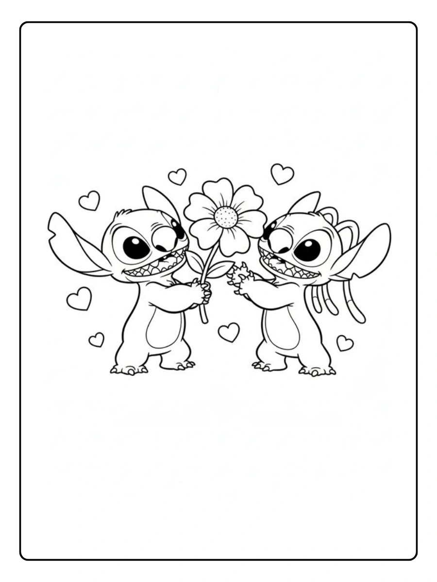 Stitch Valentinstag Ausmalbilder Stitch und Angel mit Blumen.