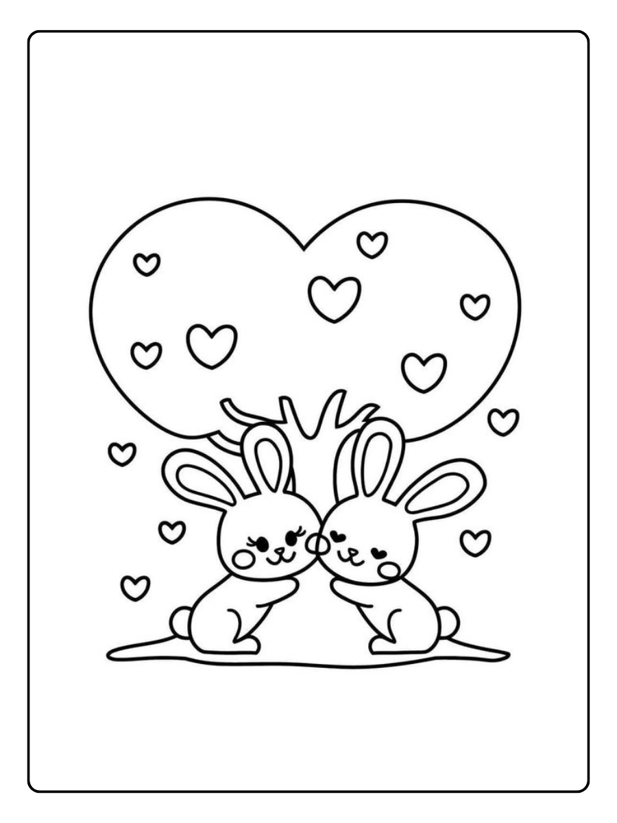 Zwei Hasen unter einem Herzbaum – Valentinstag Malvorlagen Tiere.