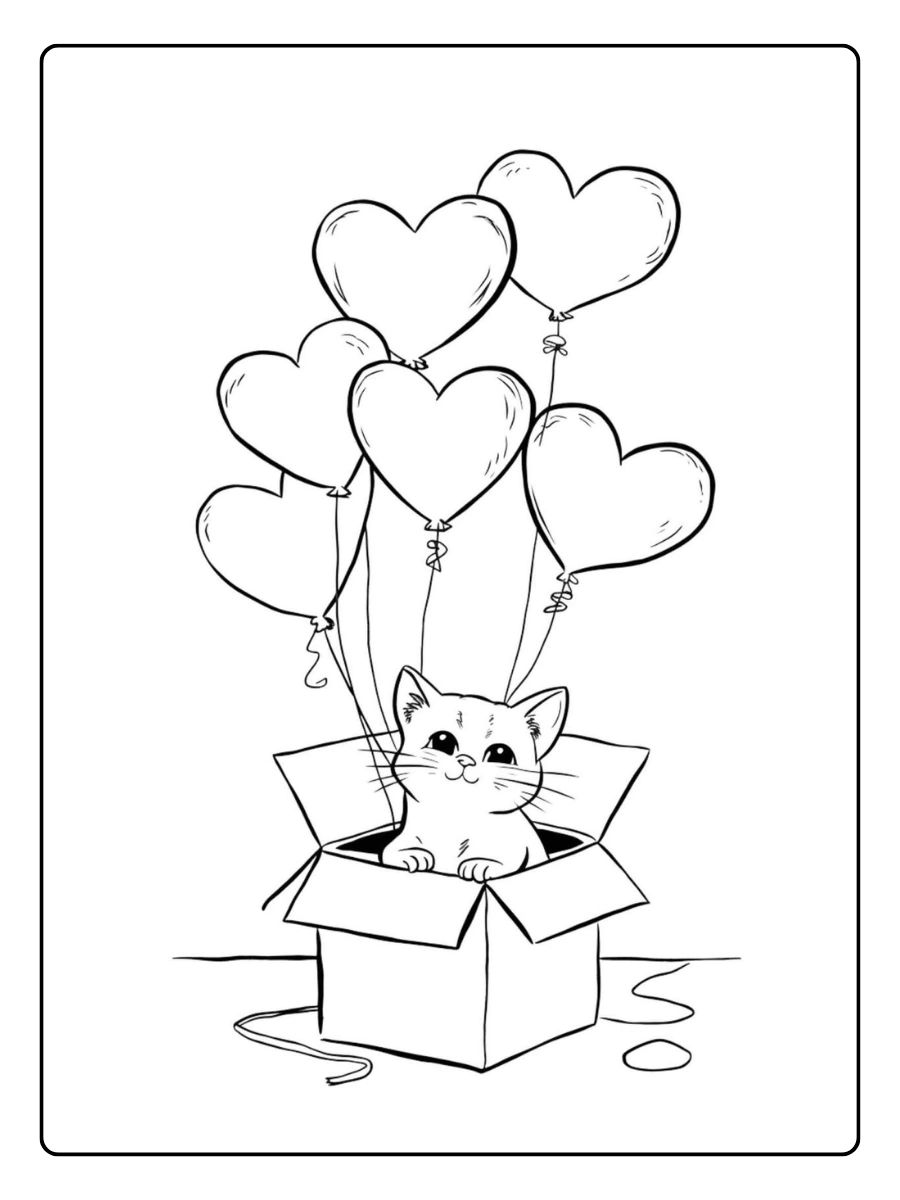 Eine Katze in einer Box mit Ballons – Valentinstag Malvorlagen Tiere.