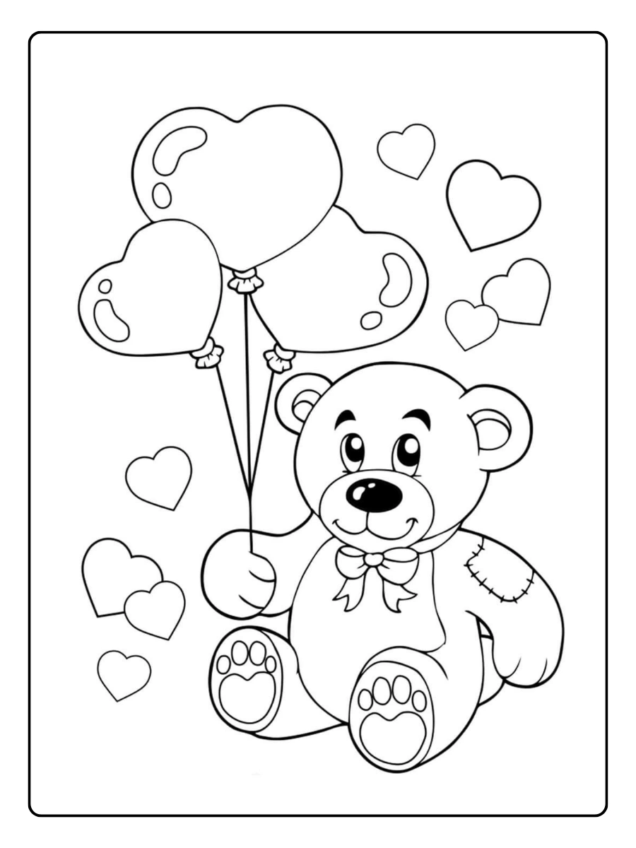 Teddybär umgeben von Herzen – Valentinstag Malvorlagen Tiere.