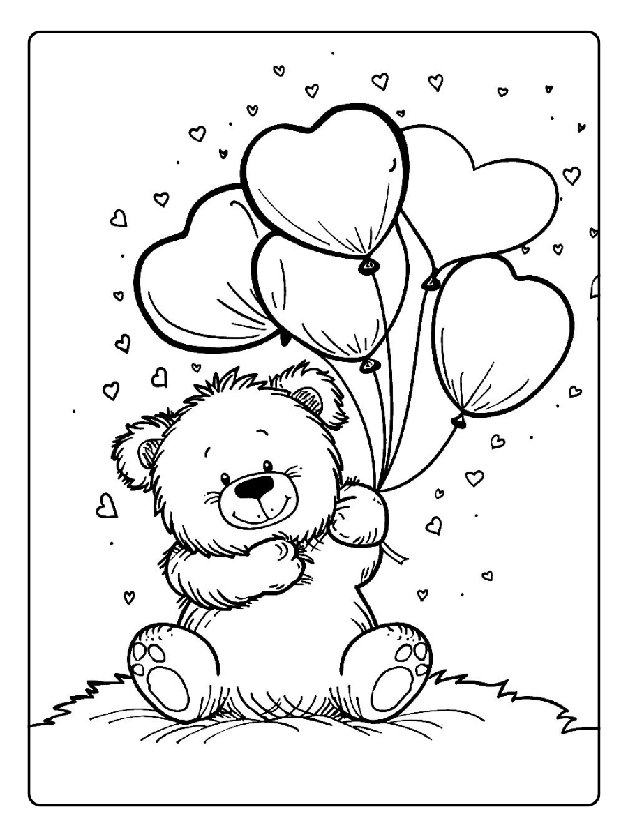 Flauschiger Bär hält drei Ballons – Valentinstag Malvorlagen Tiere.