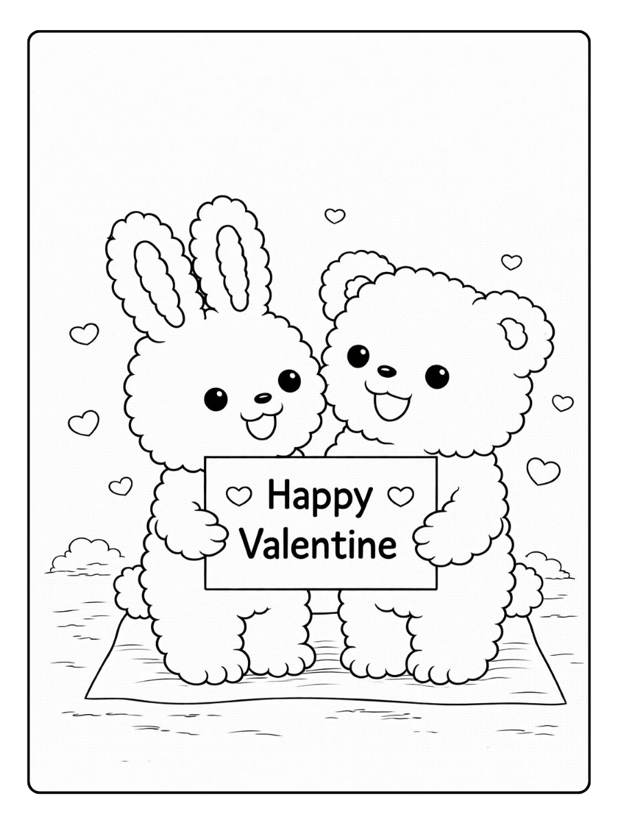 Hase und Bär mit „Happy Valentine“ Schild – Valentinstag Malvorlagen Tiere.