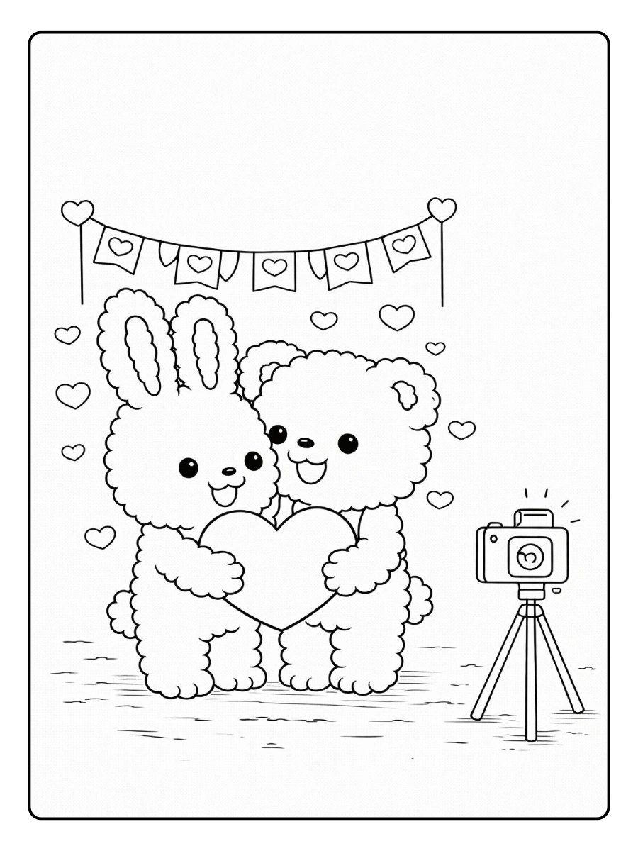 Hase und Bär machen ein Foto – Valentinstag Malvorlagen Tiere.