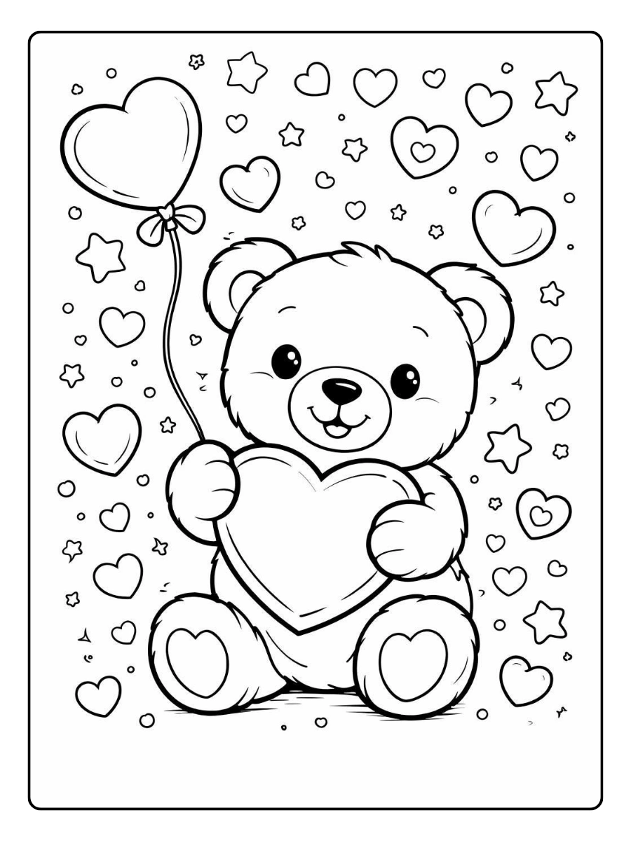 Kleiner Bär mit Herzballon – Valentinstag Malvorlagen Tiere.