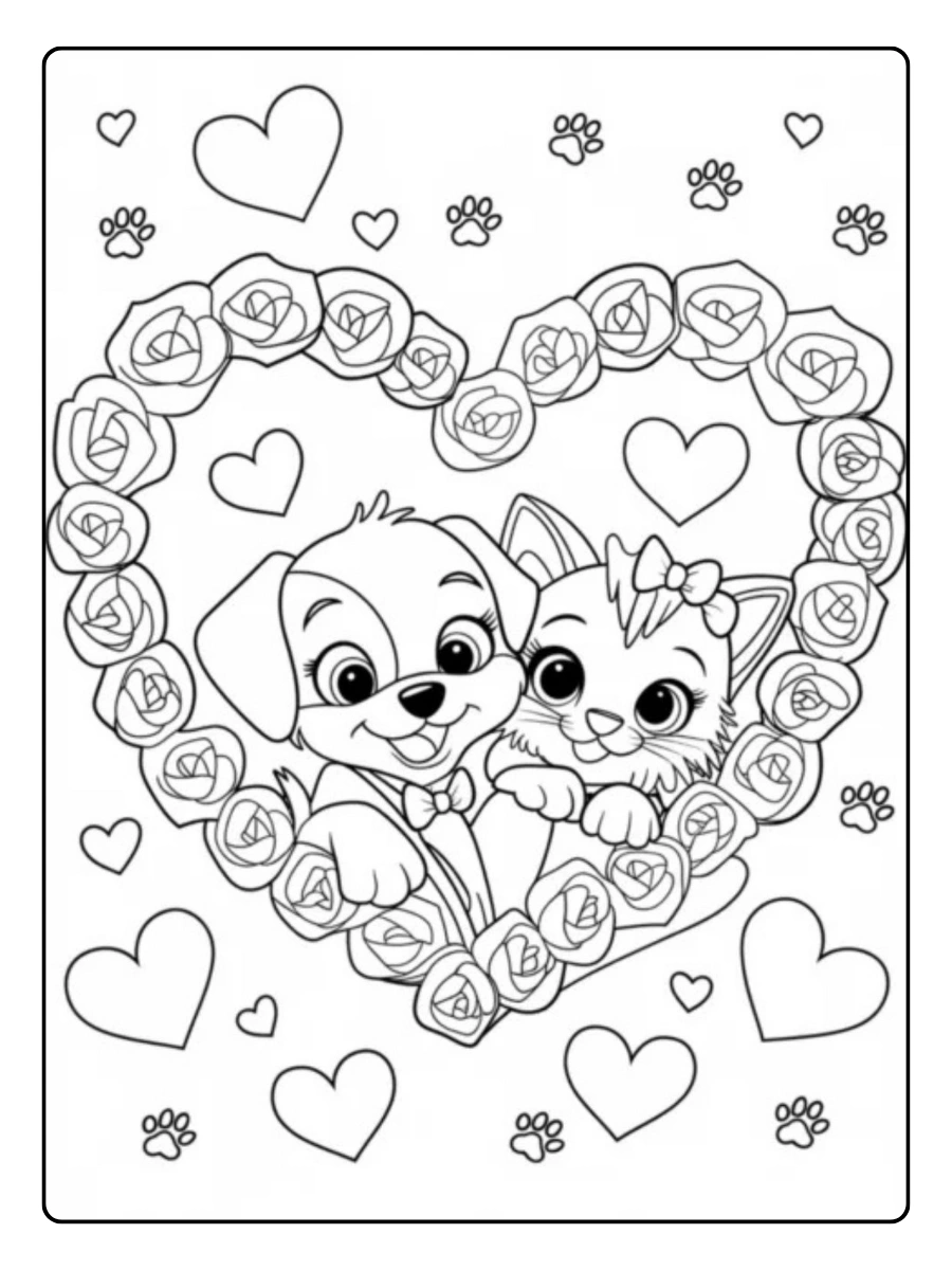 Hund und Katze im Herzrahmen – Valentinstag Malvorlagen Tiere.