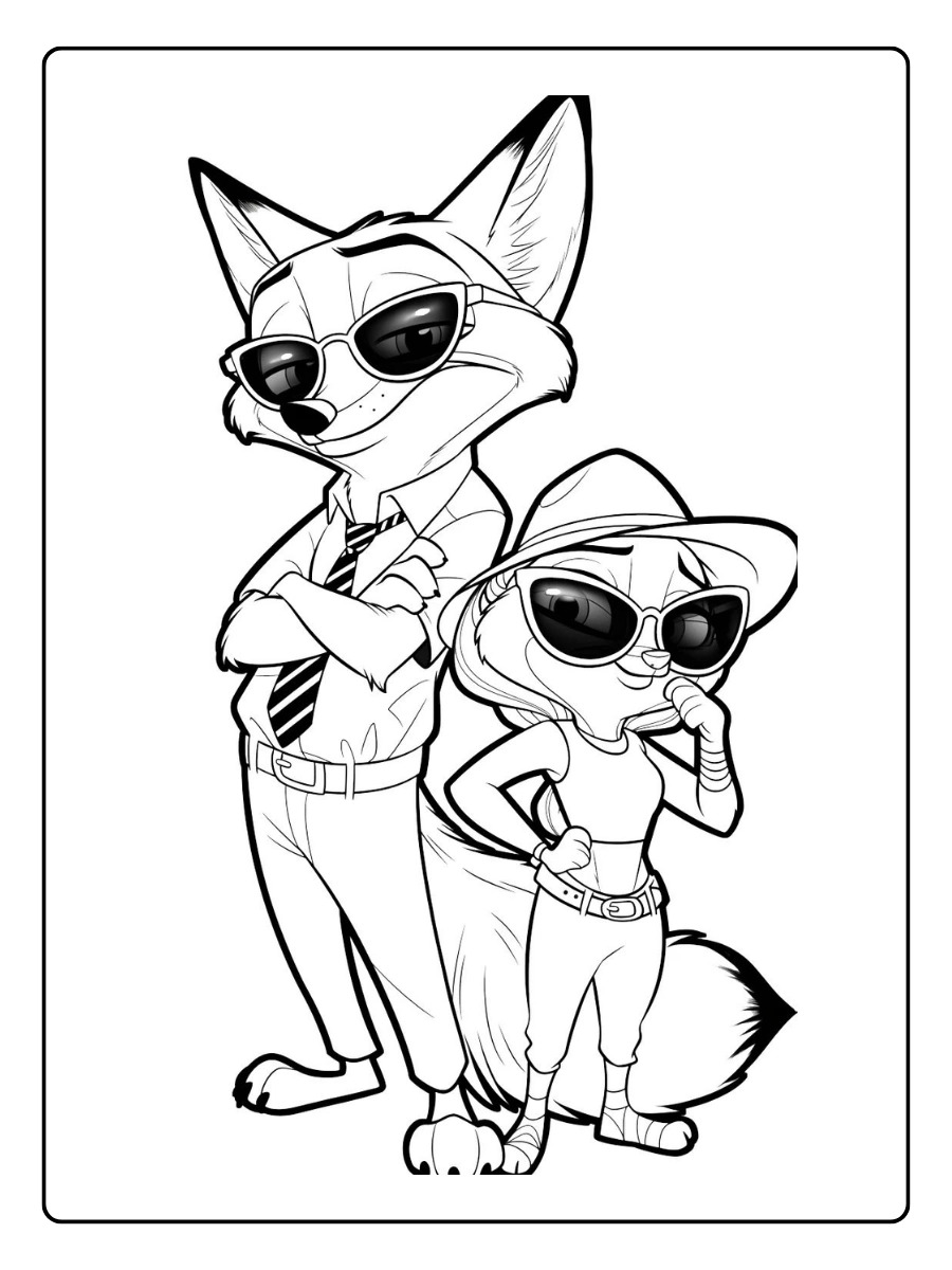 Zoomania Ausmalbilder Valentinstag mit Nick und Judy in cooler Pose.