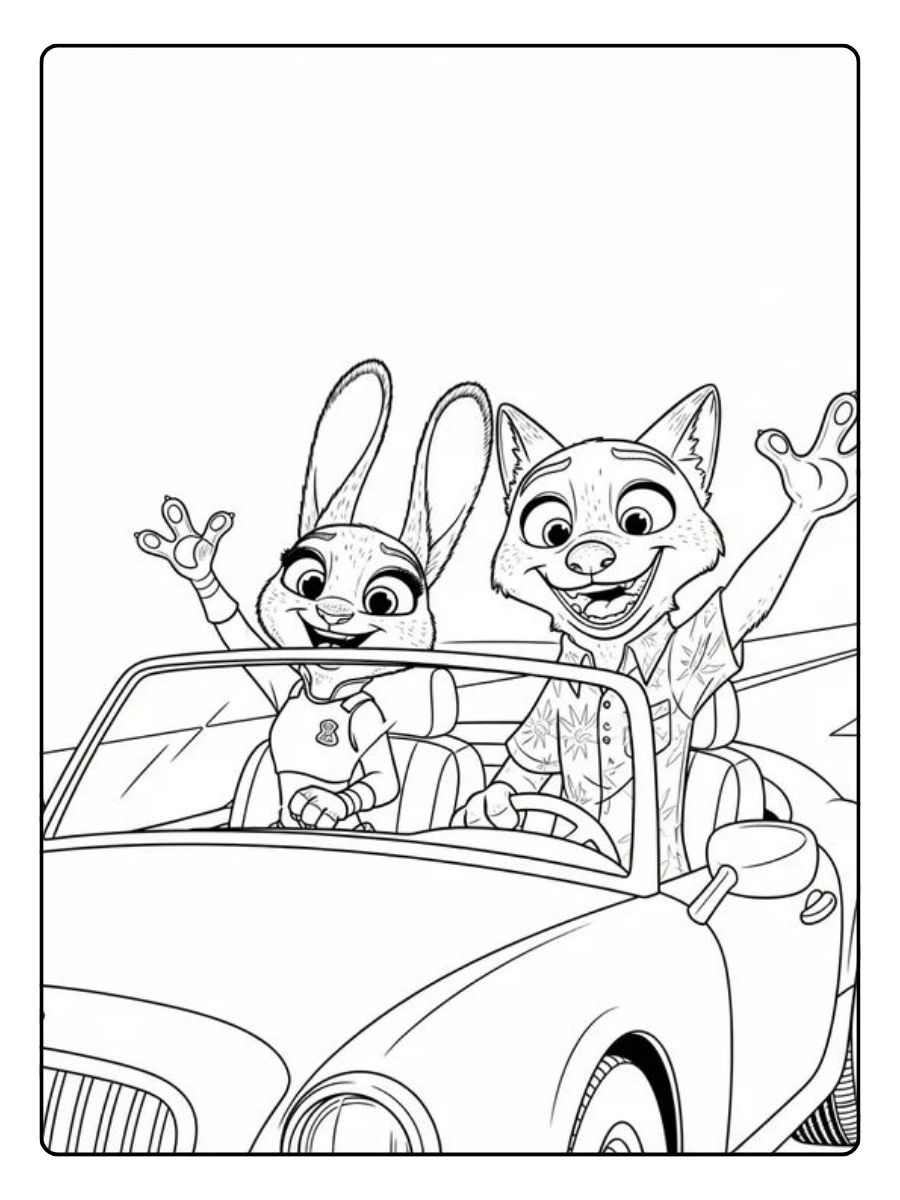 Nick und Judy im Auto – Zoomania Ausmalbilder Valentinstag.