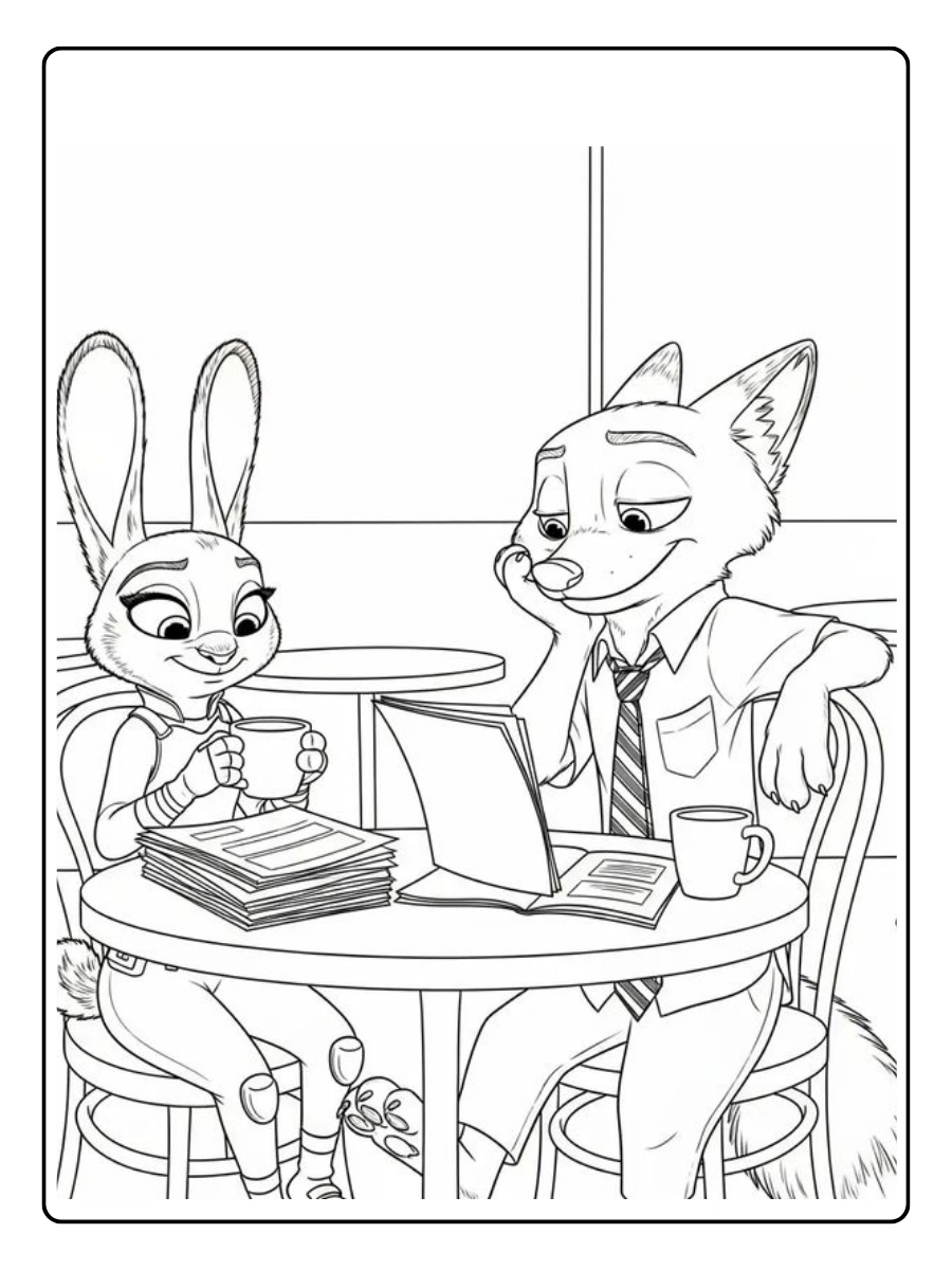 Nick und Judy beim Date im Café als Zoomania Ausmalbilder Valentinstag.