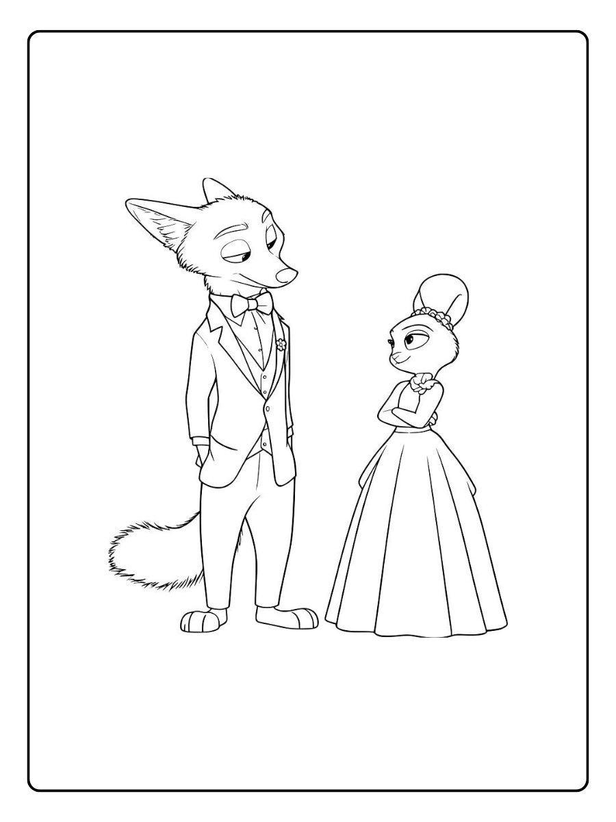 Nick und Judy in eleganter Kleidung – Zoomania Ausmalbilder Valentinstag.