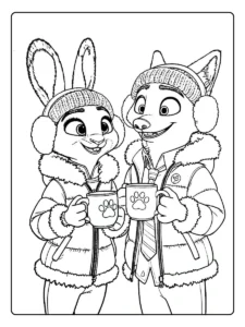 Nick und Judy mit warmen Getränken als Zoomania Ausmalbilder Valentinstag.