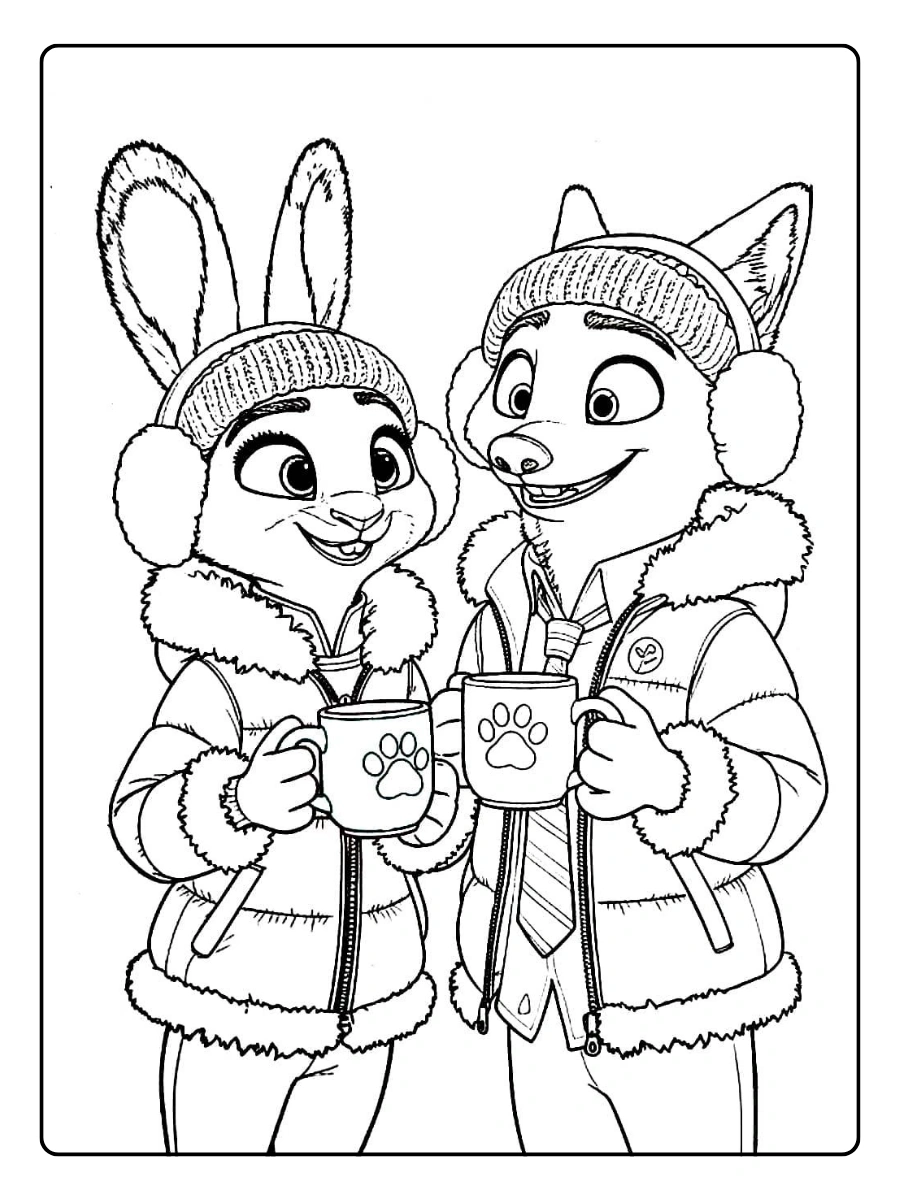 Nick und Judy mit warmen Getränken als Zoomania Ausmalbilder Valentinstag.