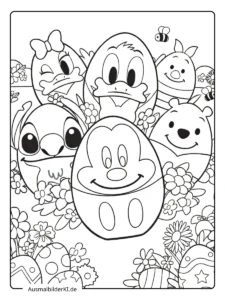 Mickey, Stitch und Winnie Puuh als Eier Ausmalbilder Ostern Disney.