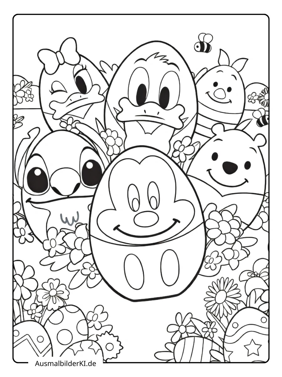 Mickey, Stitch und Winnie Puuh als Eier Ausmalbilder Ostern Disney.