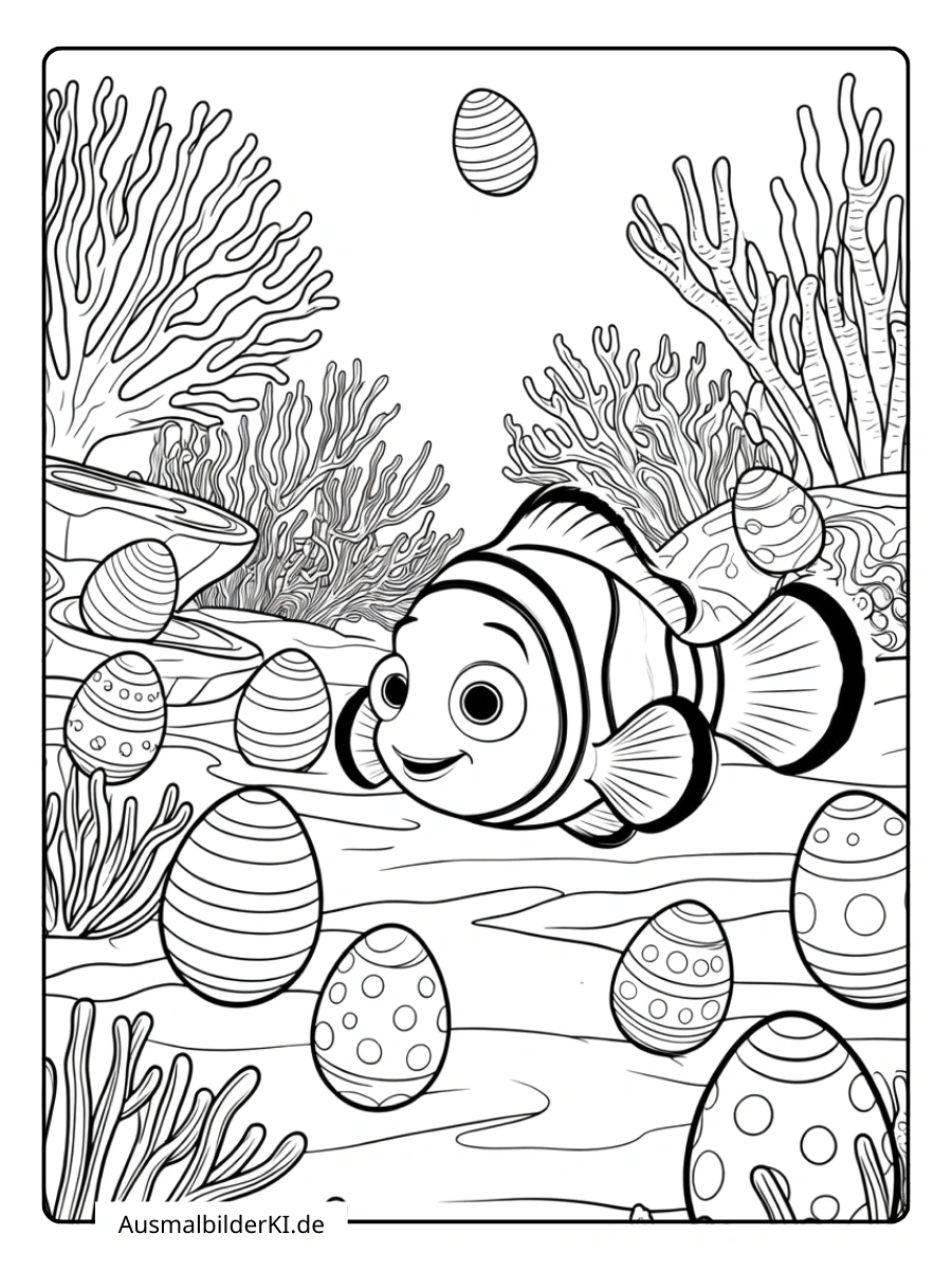 Clownfisch Nemo findet Ostereier im Meer Ausmalbilder Ostern Disney.