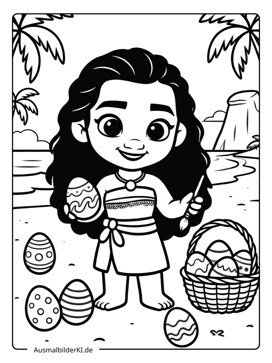 Vaiana am Strand mit Ostereiern Ausmalbilder Ostern Disney.