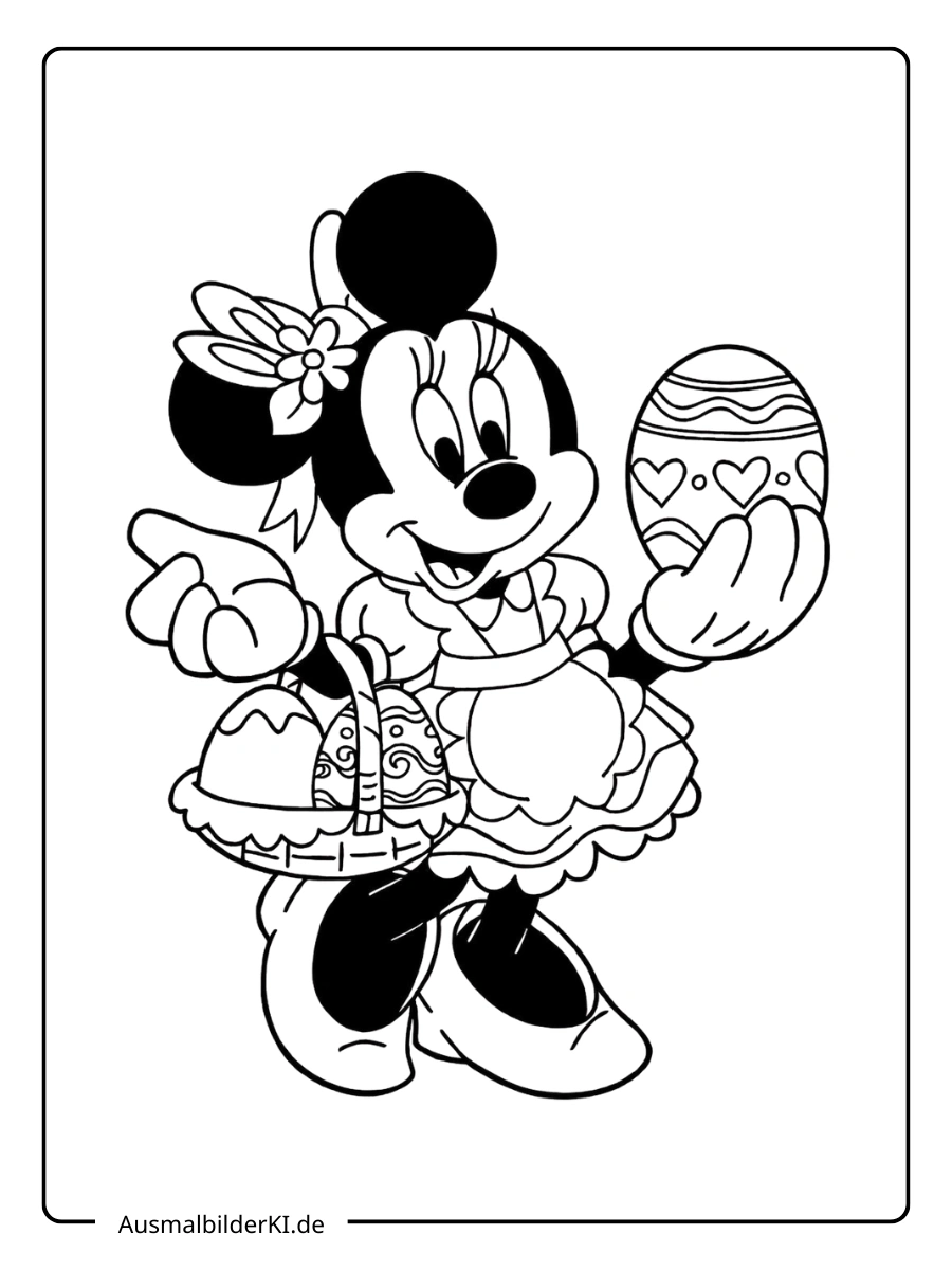 Minnie Maus mit einem Korb voller Eier Ausmalbilder Ostern Disney.