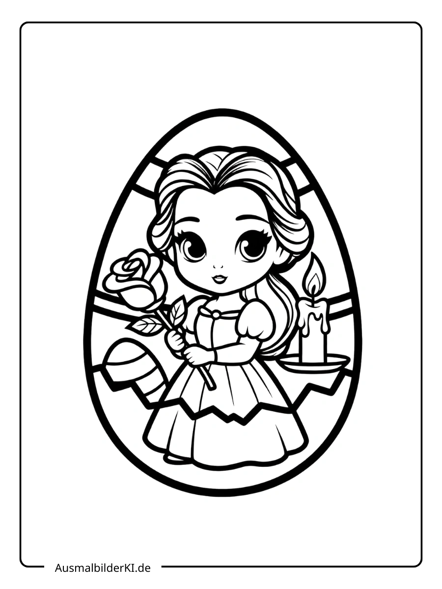 Prinzessin Belle im verzierten Ei Ausmalbilder Ostern Disney.