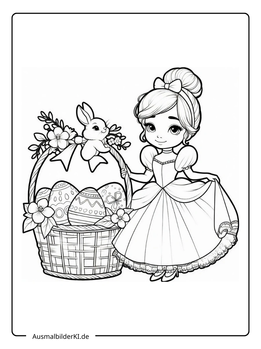 Prinzessin mit Osterkorb und Hase Ausmalbilder Ostern Disney.