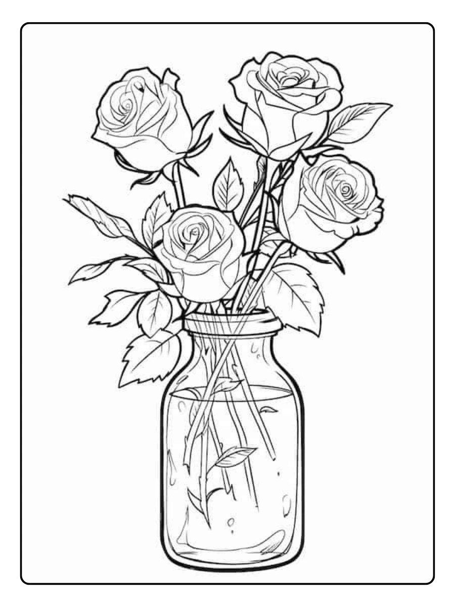 Drei Rosen in einer Glasvase als rosen ausmalbilder.