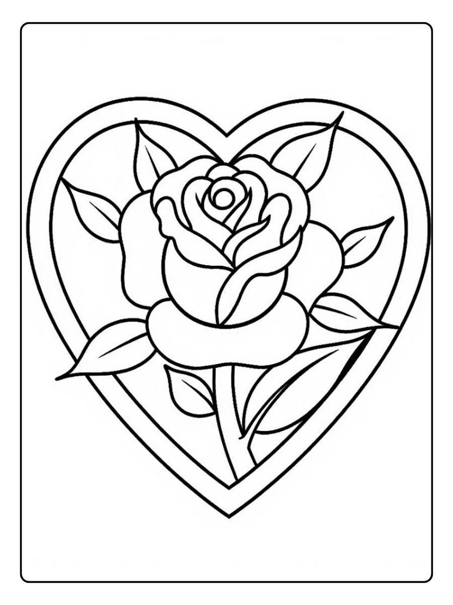 Eine Rose innerhalb eines Herz-Rahmens als rosen ausmalbilder.