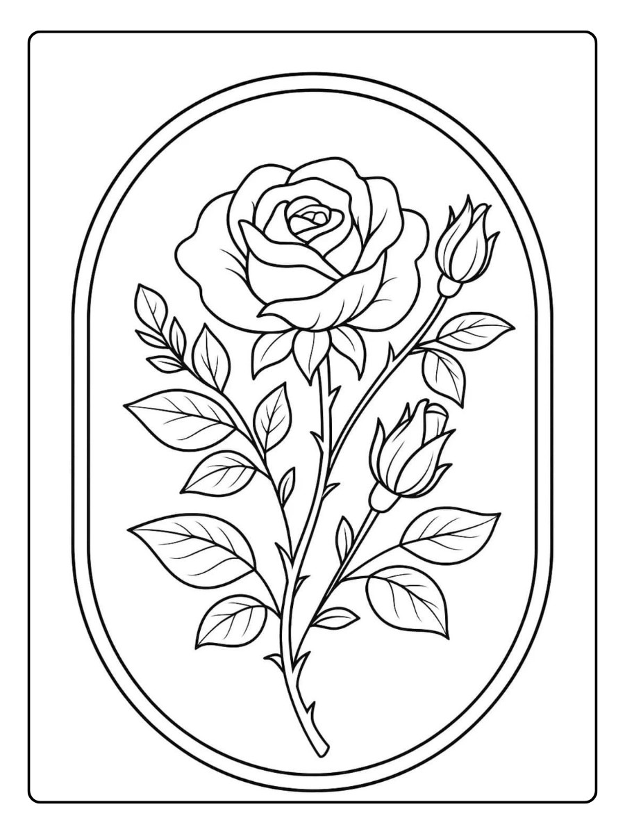 Eine Rose in einem ovalen Rahmen als rosen ausmalbilder.