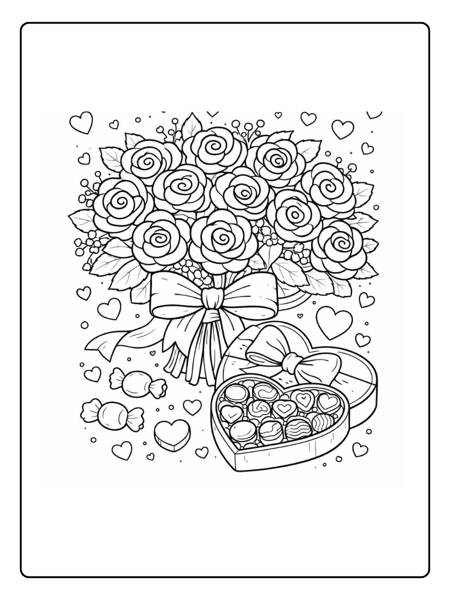 Rosenstrauß und Pralinen als rosen ausmalbilder zum Valentinstag.