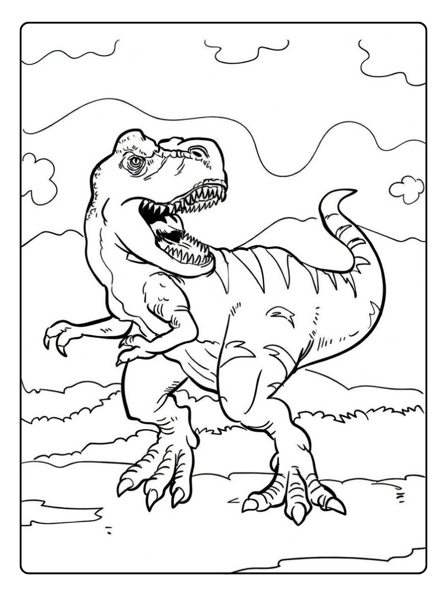 tyrannosaurus rex ausmalbild in einer Berglandschaft.