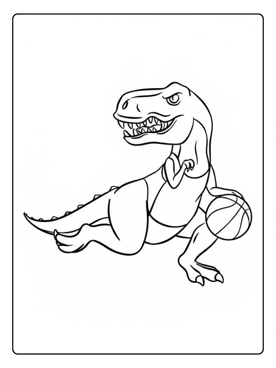 Sportlicher T-Rex spielt Basketball – tyrannosaurus rex ausmalbild.