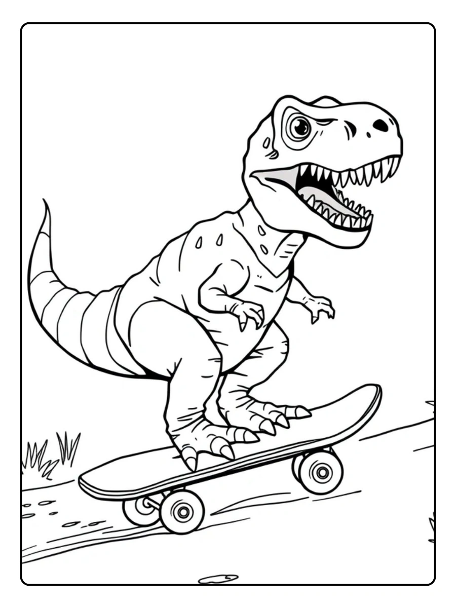 Cooles tyrannosaurus rex ausmalbild auf einem Skateboard.