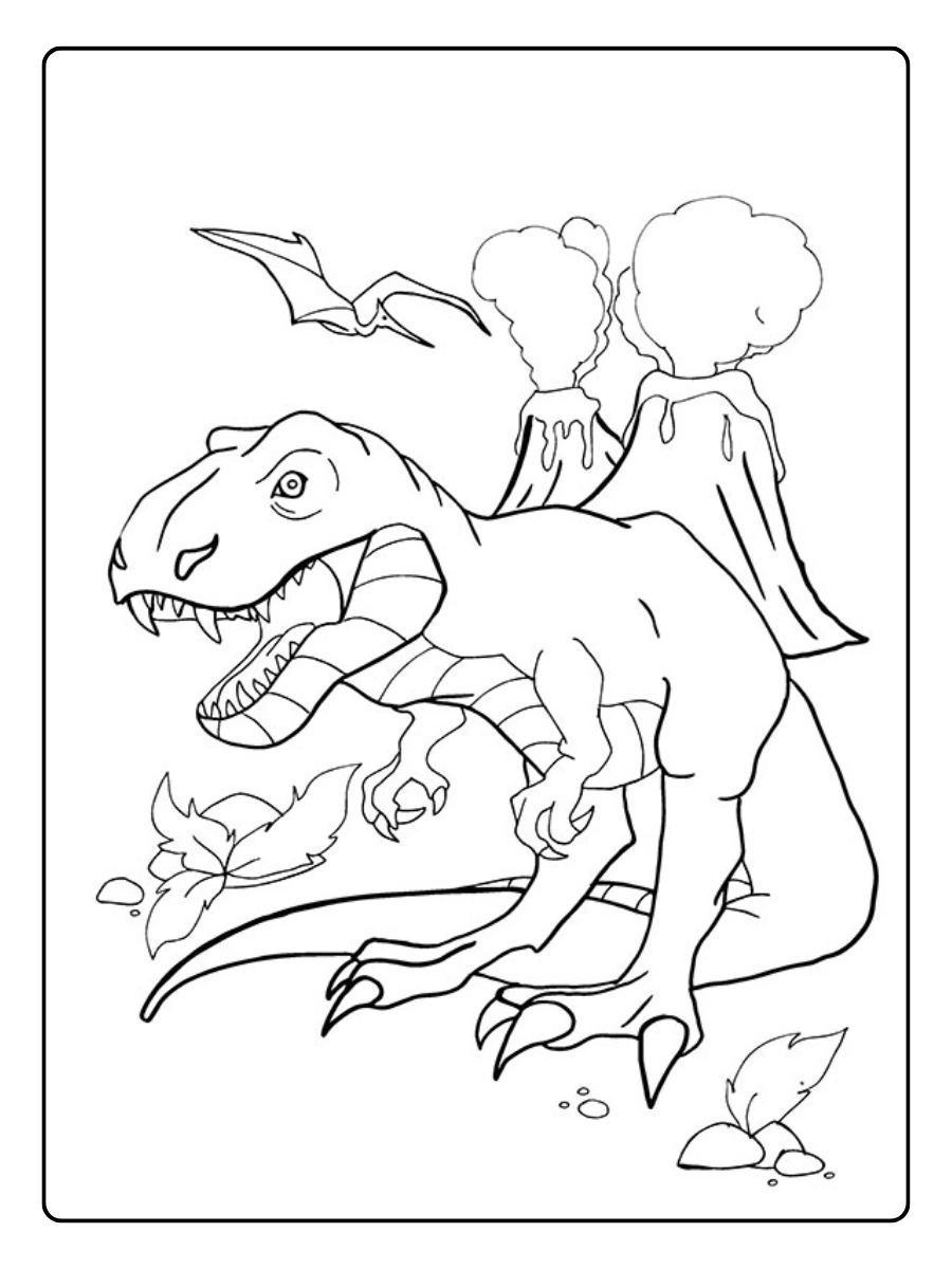 tyrannosaurus rex ausmalbild vor einem ausbrechenden Vulkan.